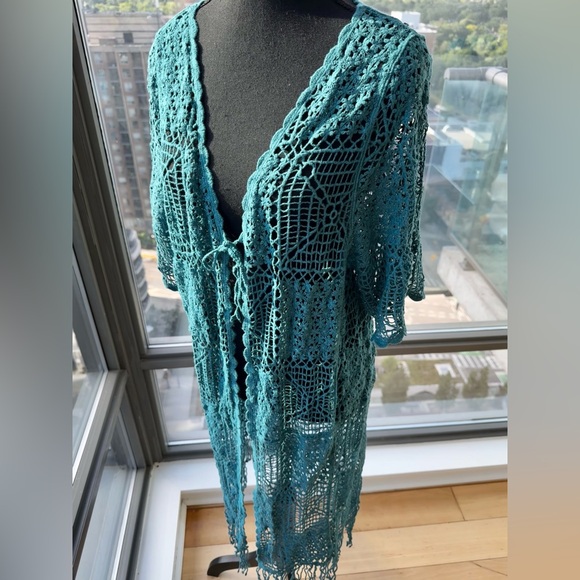 🆕 FARM Rio 🧿 NWOT Floral Crochet Tie Up Kimono, Teal - Sz M - Picture 12 of 16